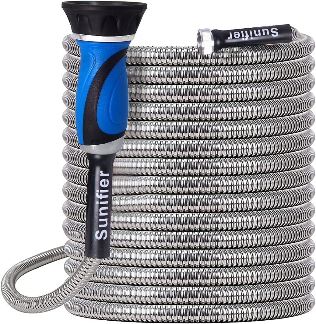 Metal Garden Hose 100 Ft Flexible Stainless Steel Water Hose with High Pressure Nozzle, Pack of 2 H697
