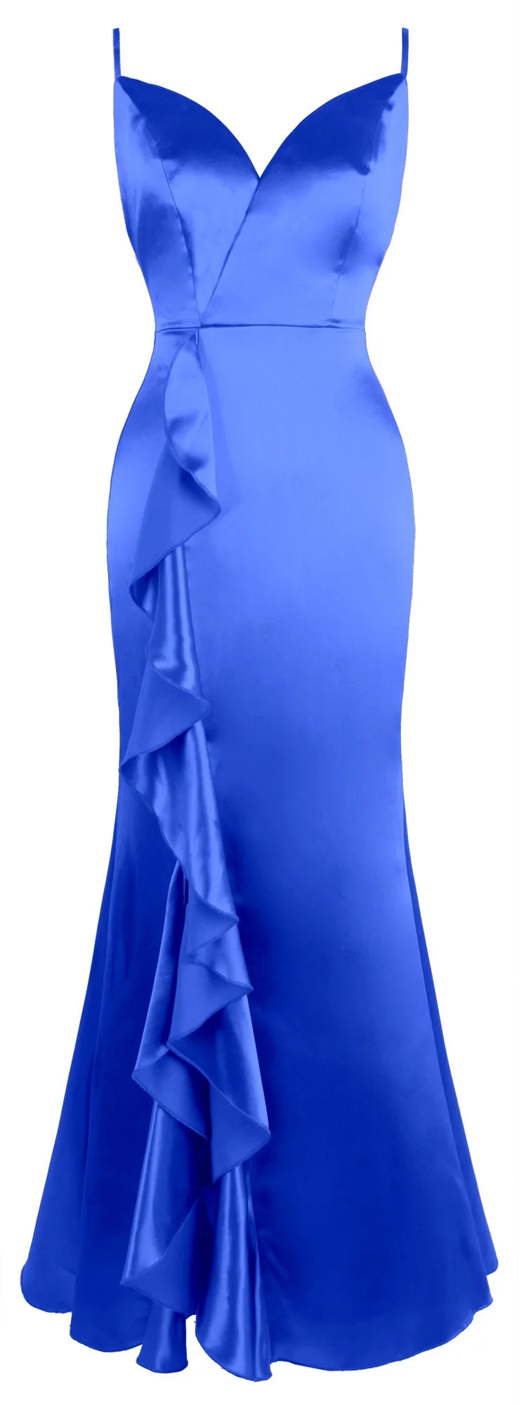 Blue Satin V-Neck Long Dress U1217