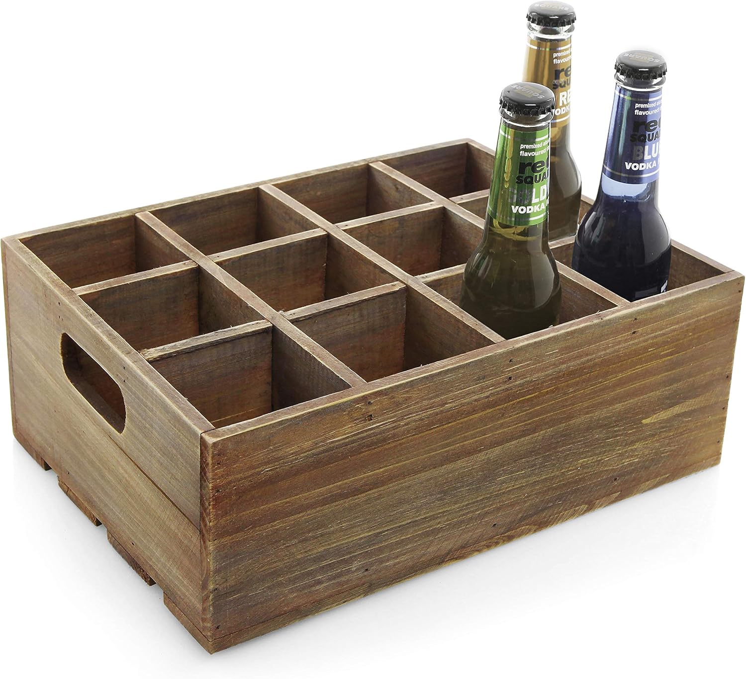 Vintage Finish Rustic Brown Wood 12 Slot Beer Bottle Serving Crate with Carrying Handles Pack of 2 G246
