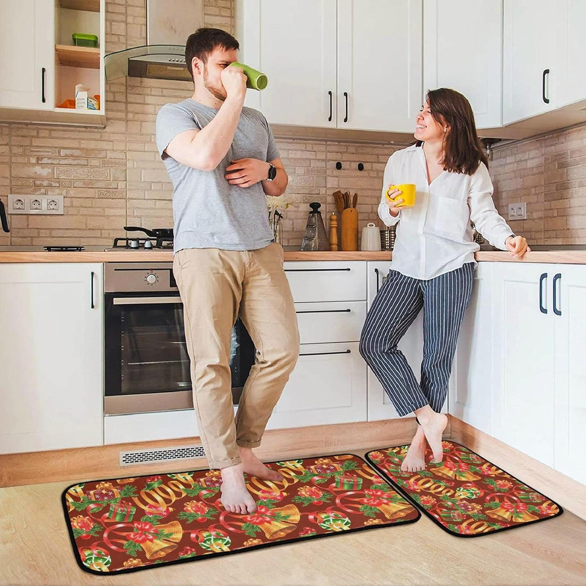 Christmas Jingling Bells Kitchen Mats Set of 2 Non Slip Comfort Mat O9011