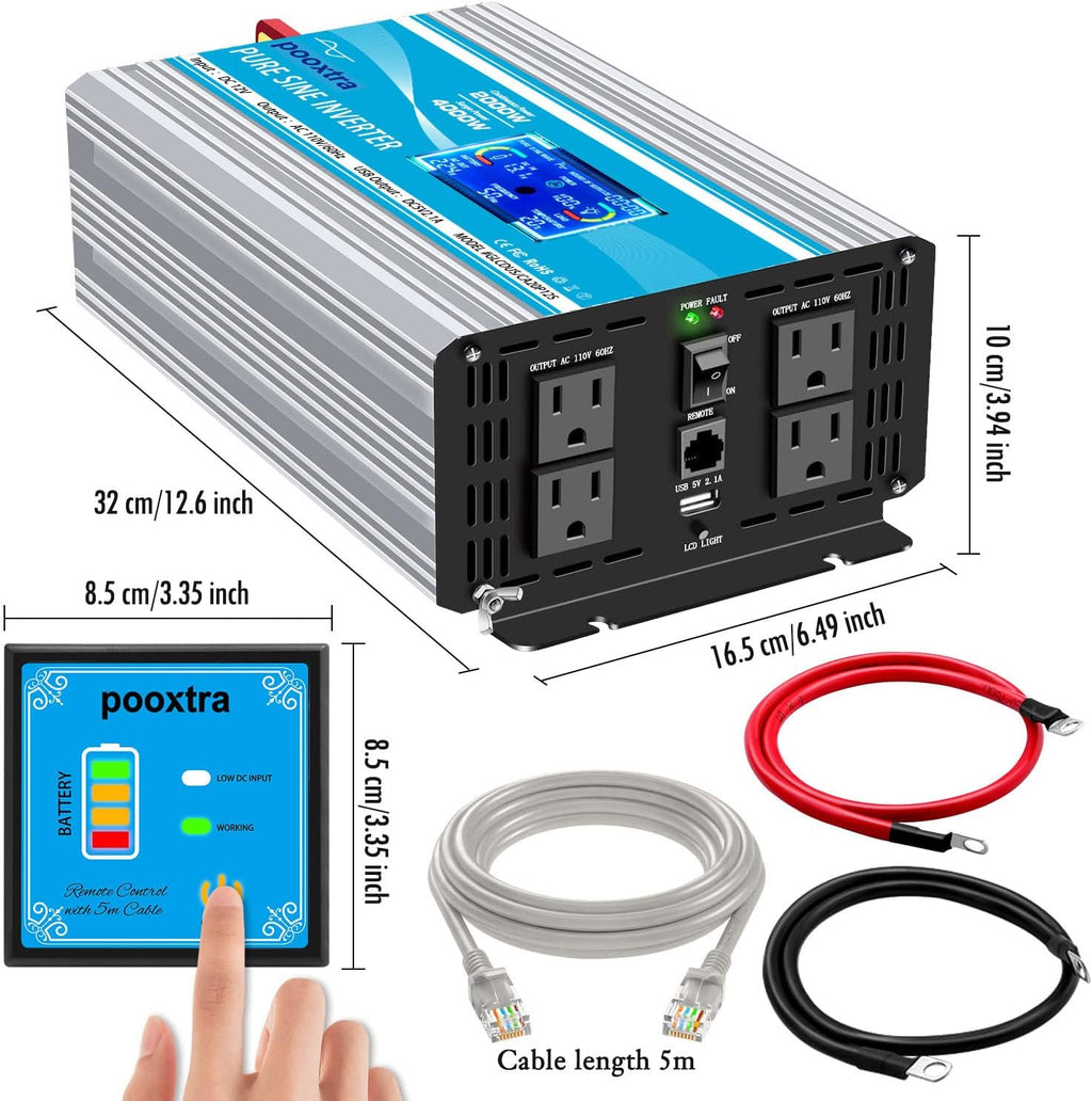2000 Watt Pure Sine Wave Power Inverter 12V DC to 110V AC with LCD Display USB Port 4 AC Outlets J241