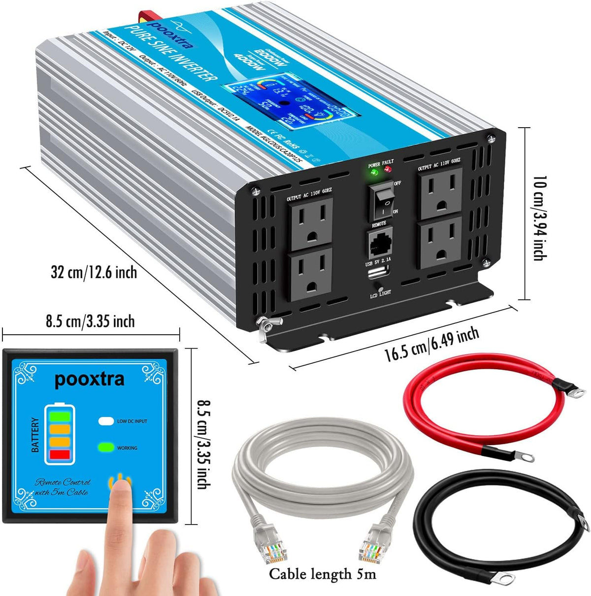 2000 Watt Pure Sine Wave Power Inverter 12V DC to 110V AC with LCD Display USB Port 4 AC Outlets J241