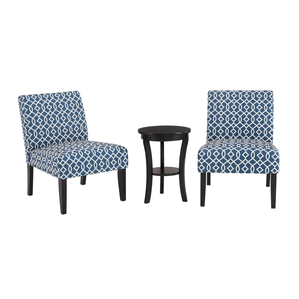 3pc Blue Fabric Upholstered Side Table and 2 Chairs J70330