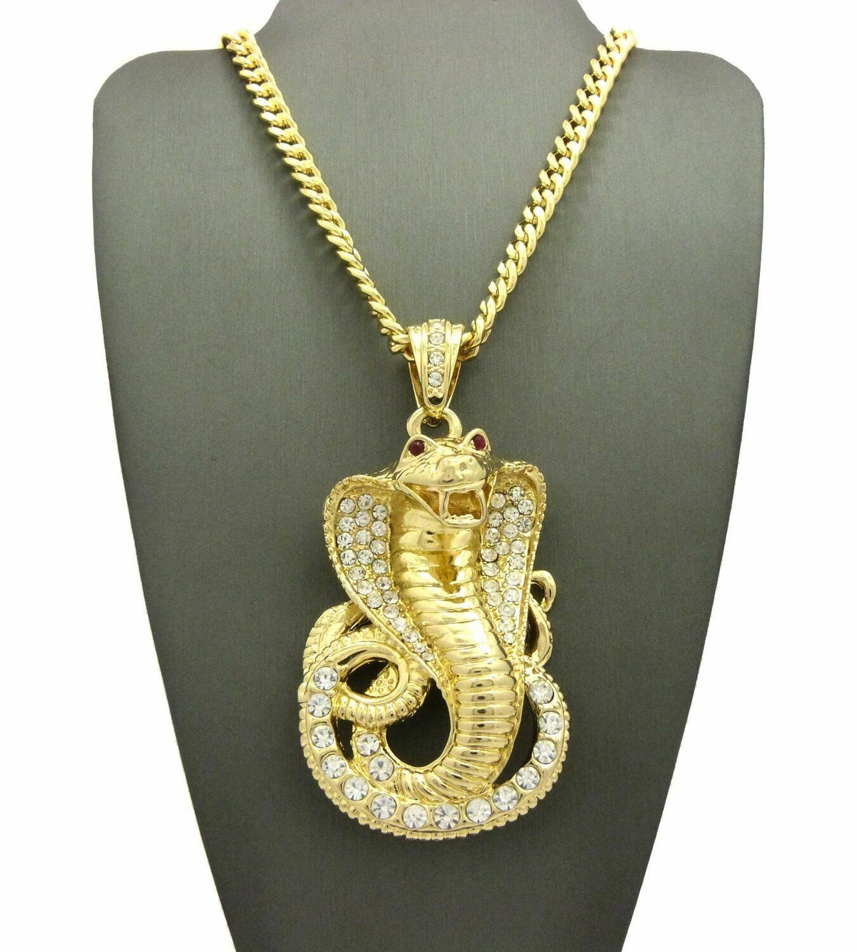 Gold Plated Cubic Zirconia Snake Pendant & 30" Cuban Chain Necklace U569991