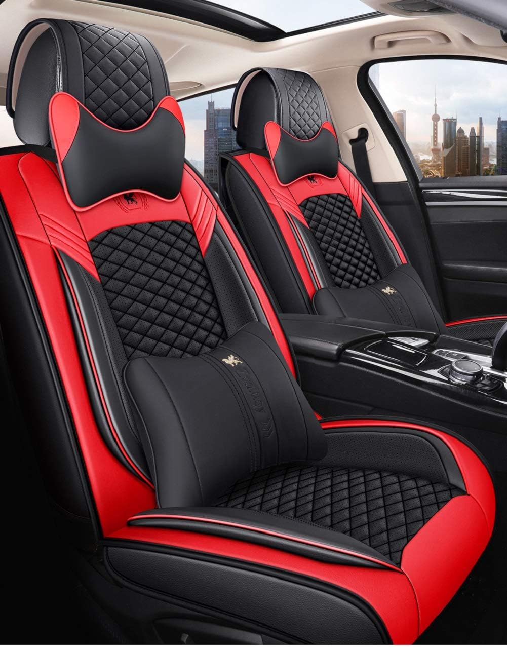 Black & Red Leather Car Seat Covers 5 Seats Full Set J841910