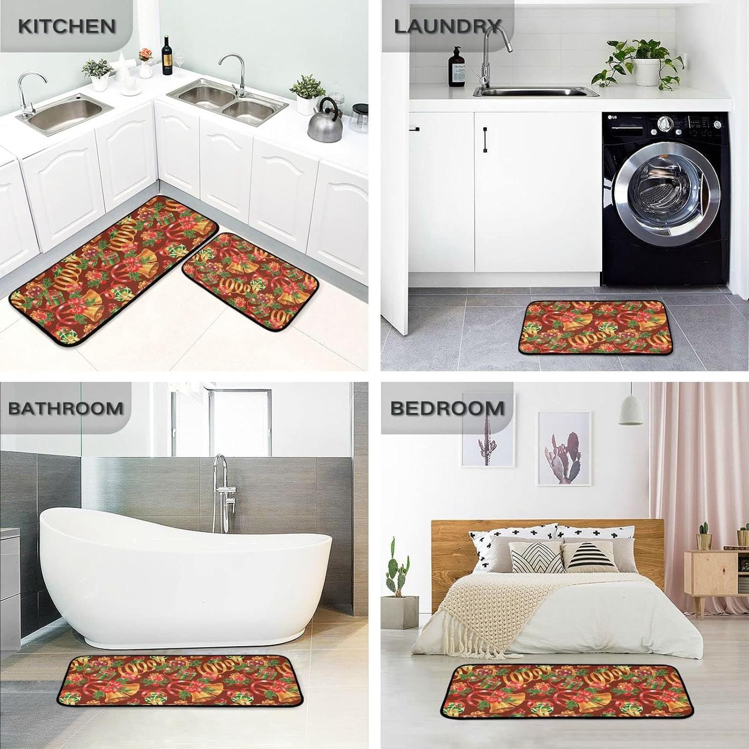 Christmas Jingling Bells Kitchen Mats Set of 2 Non Slip Comfort Mat O9011