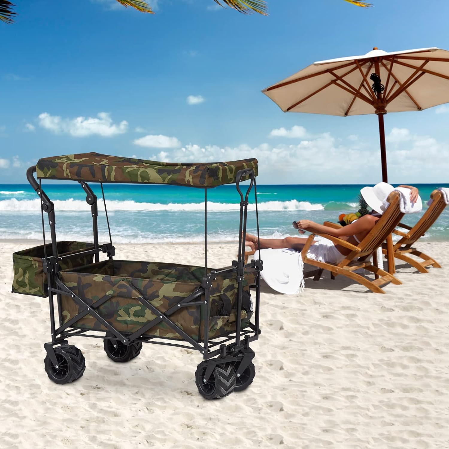 Camouflage Folding Utility Wagon Cart with Removable Canopy I920