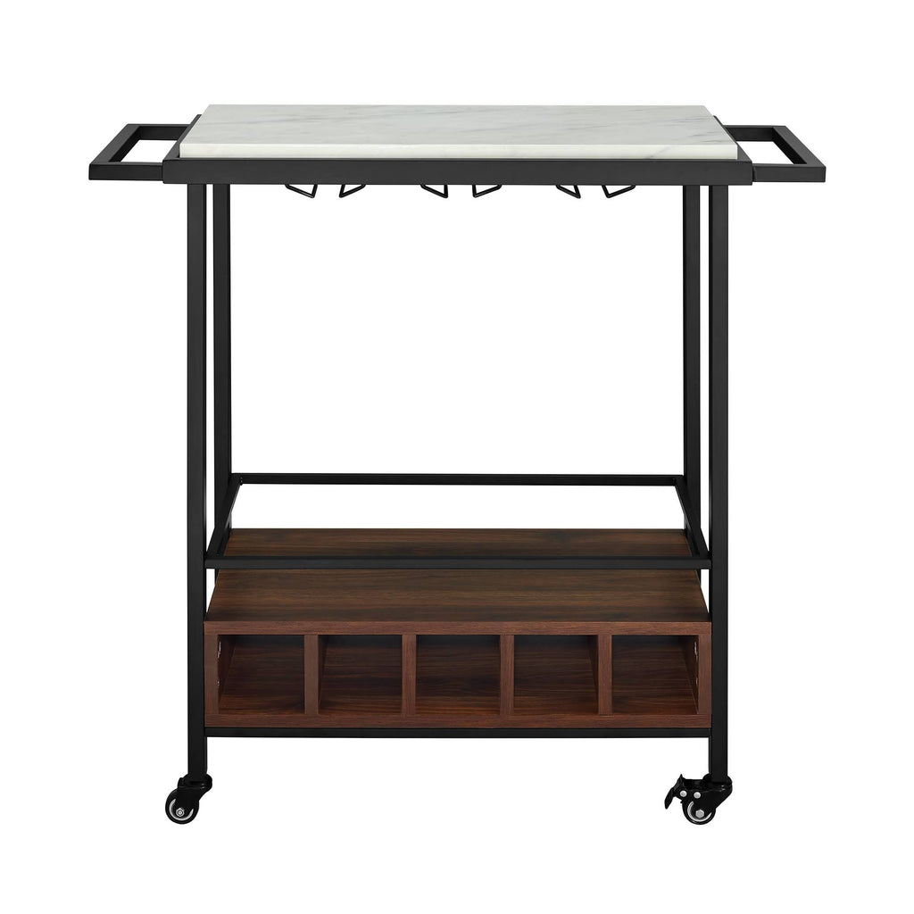 Faux White Marble Dark Walnut Serving Bar Cart Y84328