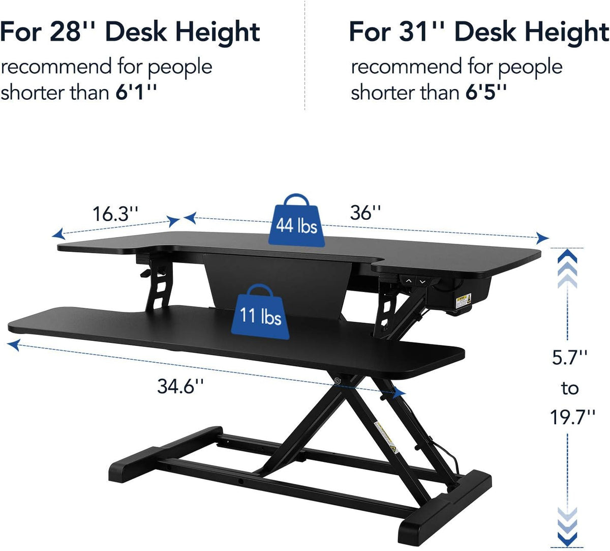 Motorized Standing Desk Converter 36" Wide Electric Stand up Desk Riser Black Height Adjustable Desk A140