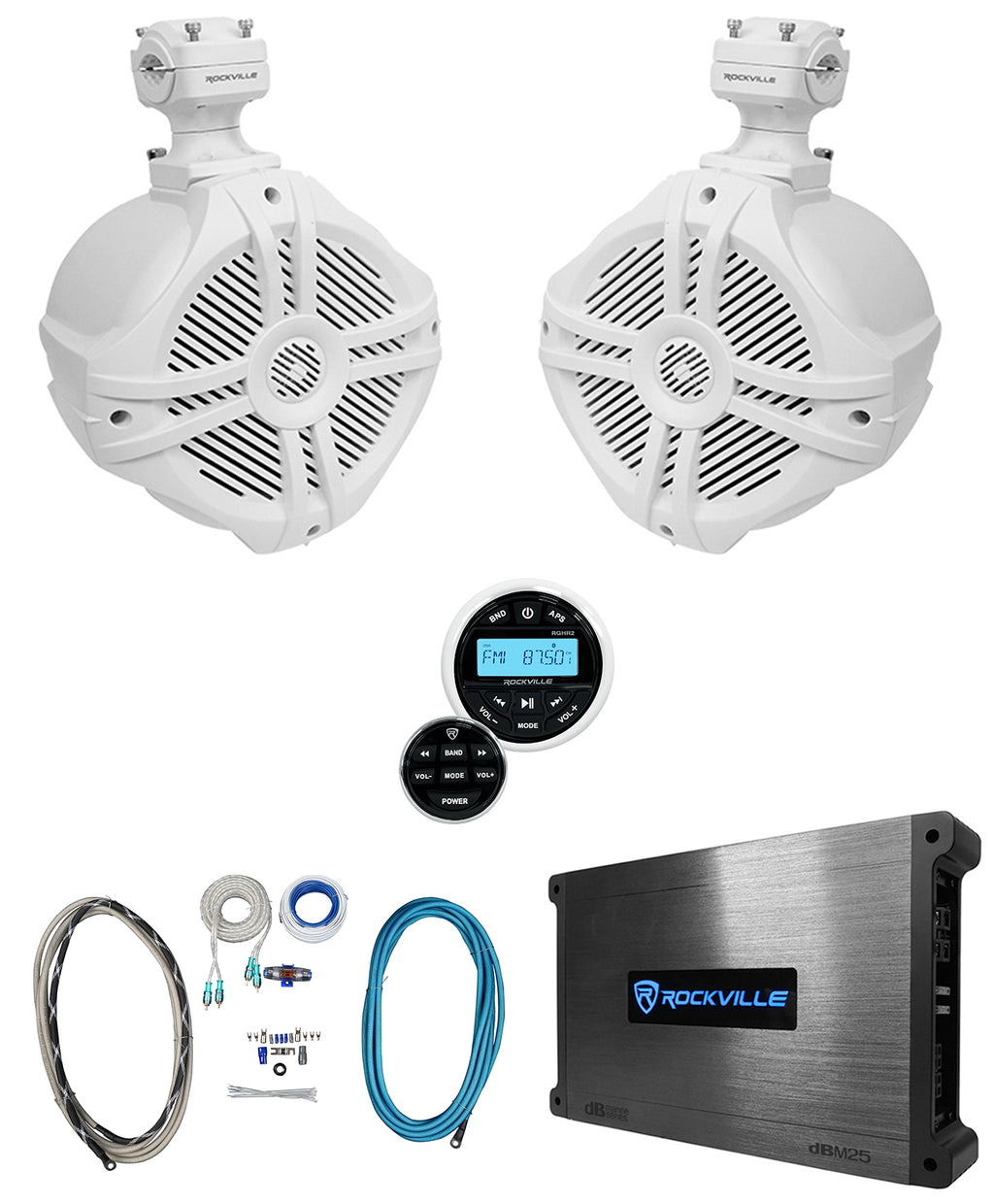 White 6.5" Marine Wakeboard Swivel Speakers with Amp and Receiver H88591
