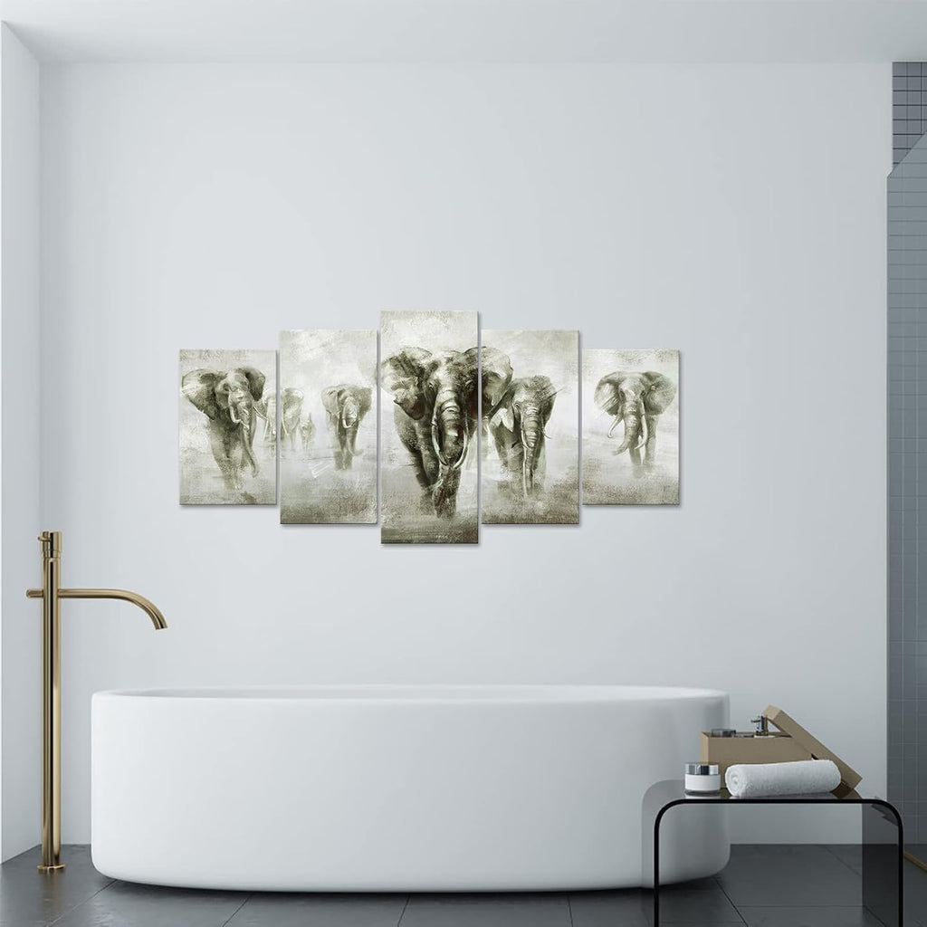 5 Panel Black and White Grey Elephant Canvas Wall Art G109420