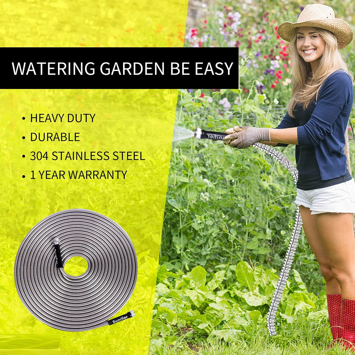 Metal Garden Hose 100 Ft Flexible Stainless Steel Water Hose with High Pressure Nozzle, Pack of 2 H697