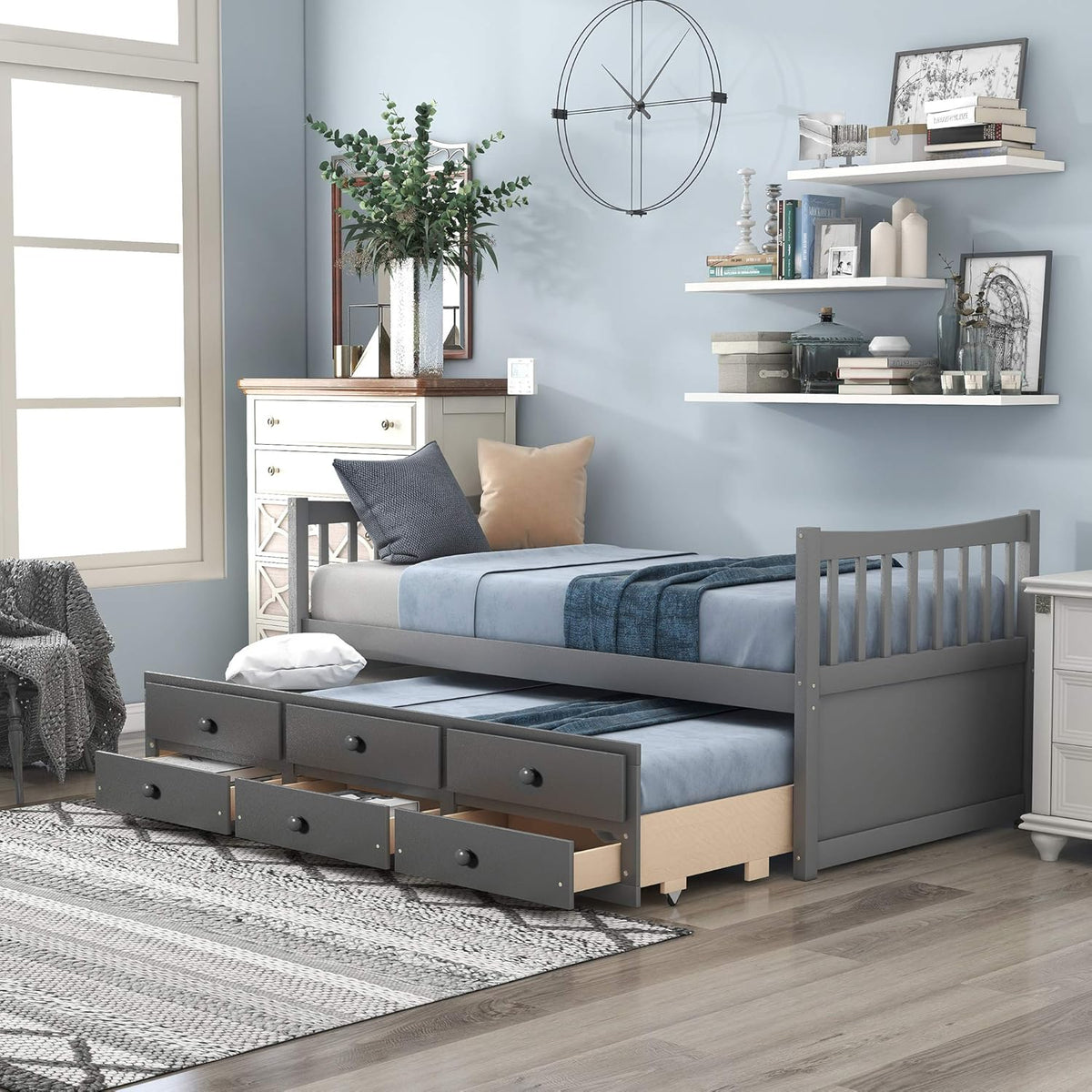 Gray Twin Size Wood Daybed with Trundle and Storage Drawers G18669