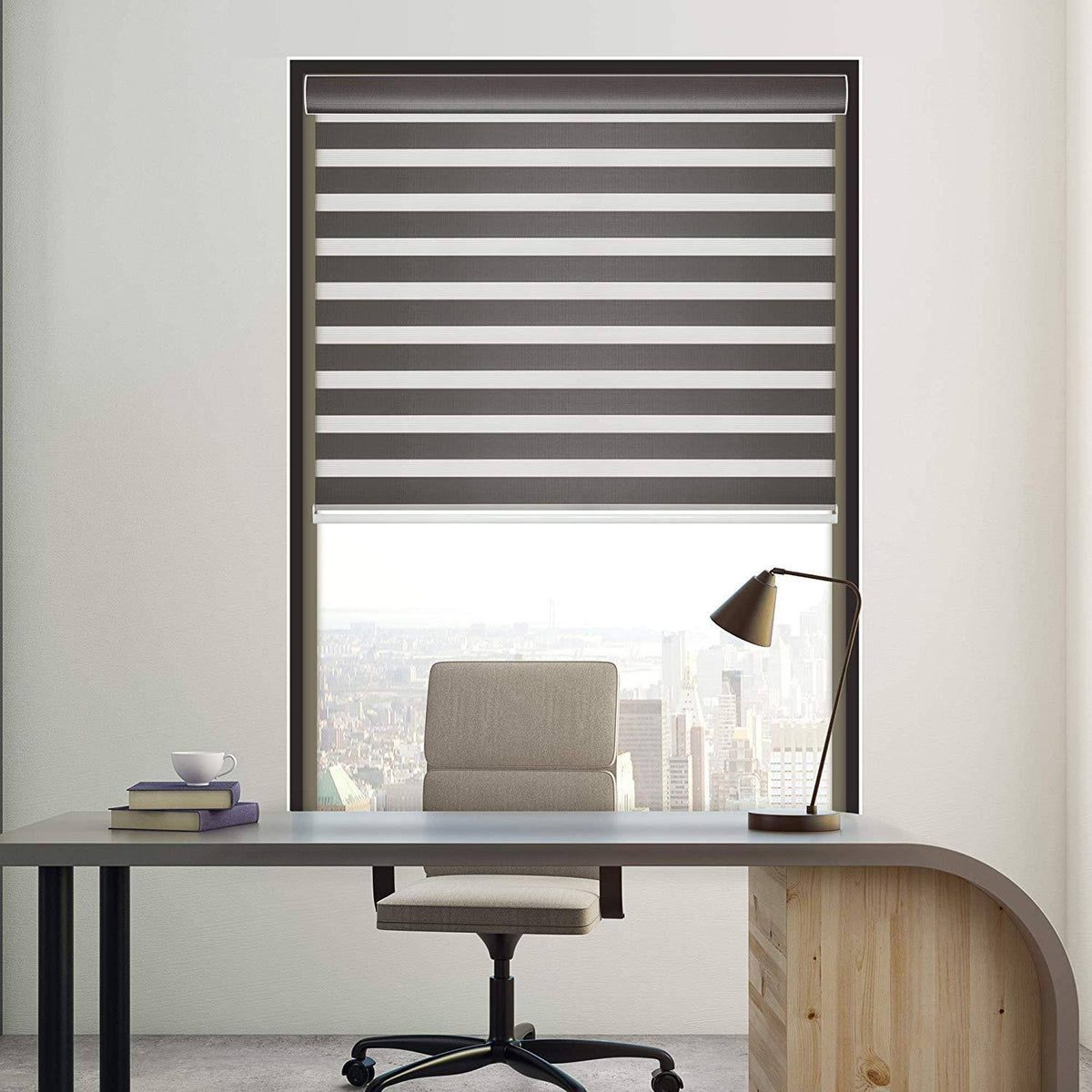 Cordless Zebra Roller Shade with Cassette Valance, 33 inch x 72 inch, Iron Gray P80057