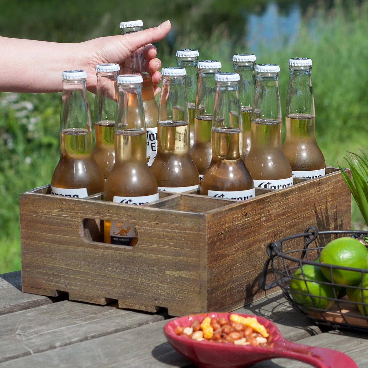 Vintage Finish Rustic Brown Wood 12 Slot Beer Bottle Serving Crate with Carrying Handles Pack of 2 G246