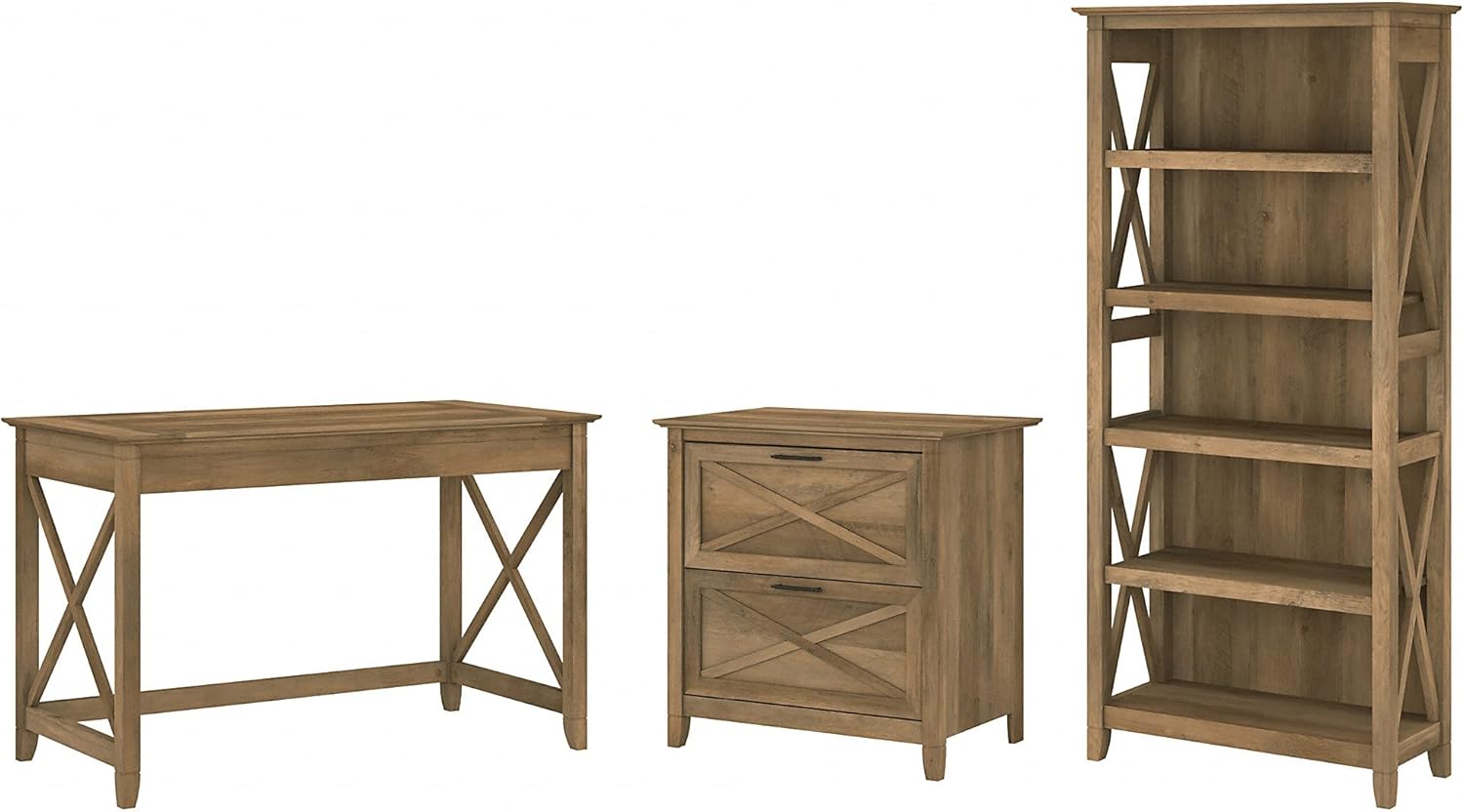 48W Reclaimed Pine Writing Desk with 2 Drawer Lateral File Cabinet and 5 Shelf Bookcase F62469