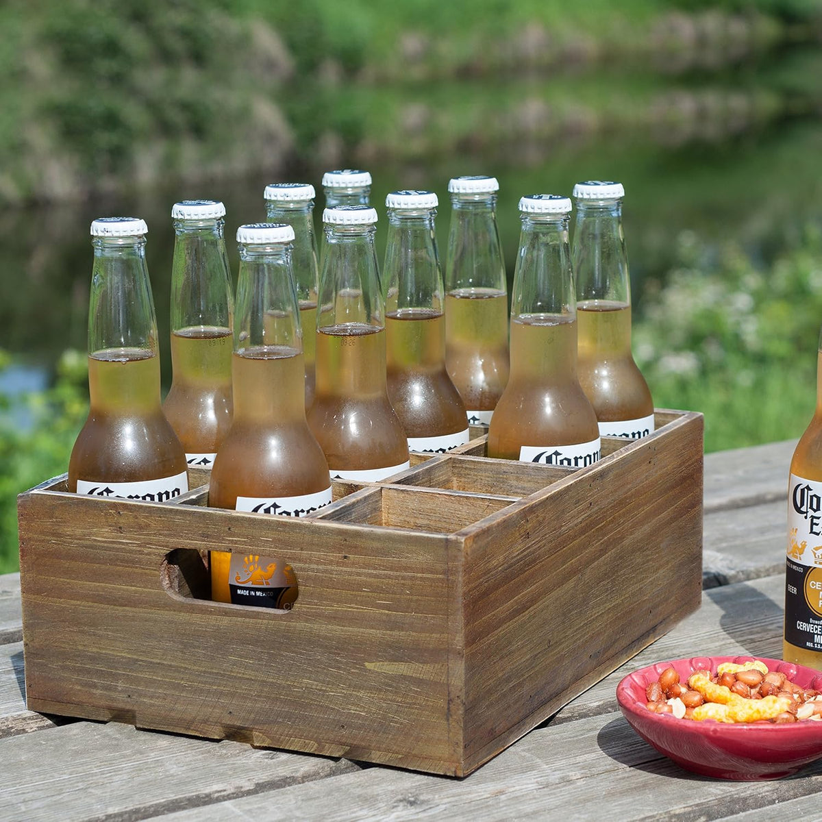 Vintage Finish Rustic Brown Wood 12 Slot Beer Bottle Serving Crate with Carrying Handles Pack of 2 G246