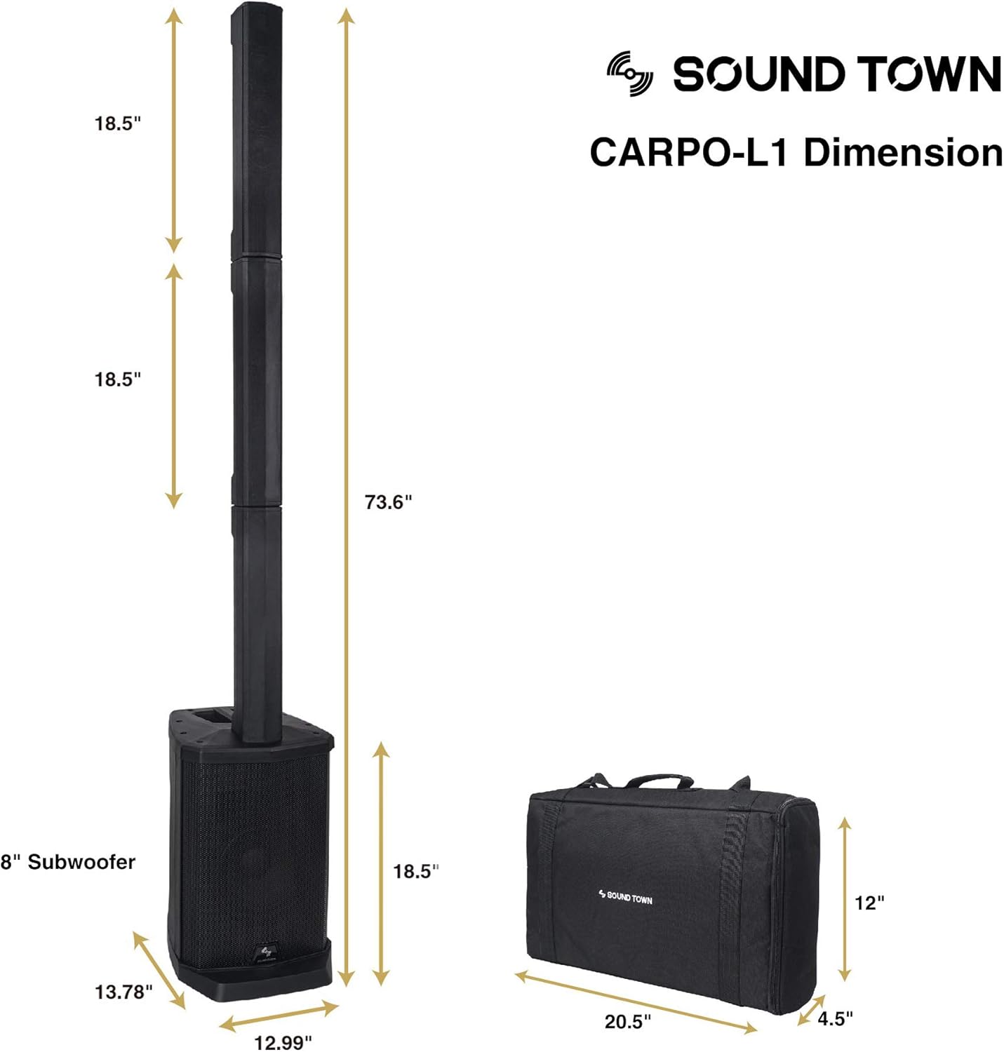 Portable Line Array PA System with Sub Bass Module, TWS Bluetooth, Built-in 3-channel Mixer, Carry Bag Y1624