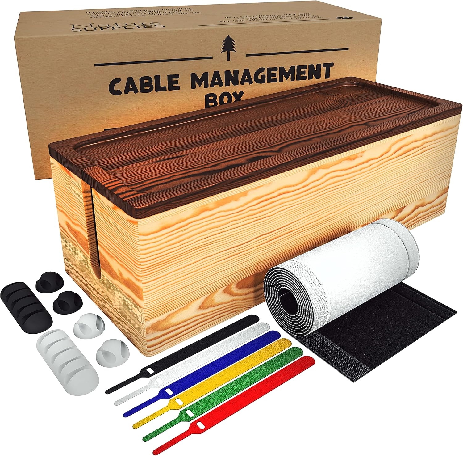 Natural Wood Cable Management Box Set of Two Large & Medium Cord Organizer Box B80088