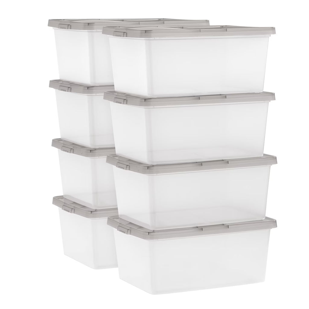 8 Pack 17 Qt Clear Plastic Storage Box with Snap Lid, Gray D7666