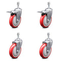 Set of 4 Red Polyurethane Swivel Threaded Stem Casters with Total Locking R837