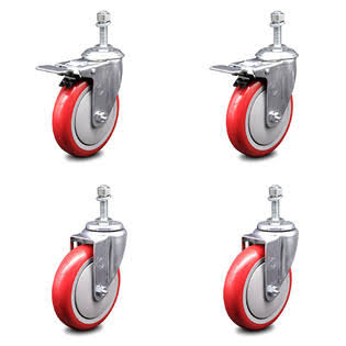 Set of 4 Red Polyurethane Swivel Threaded Stem Casters with Total Locking R837