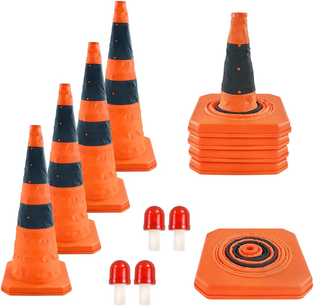 4 Pack Orange Collapsible Traffic Cones with LED Light B642
