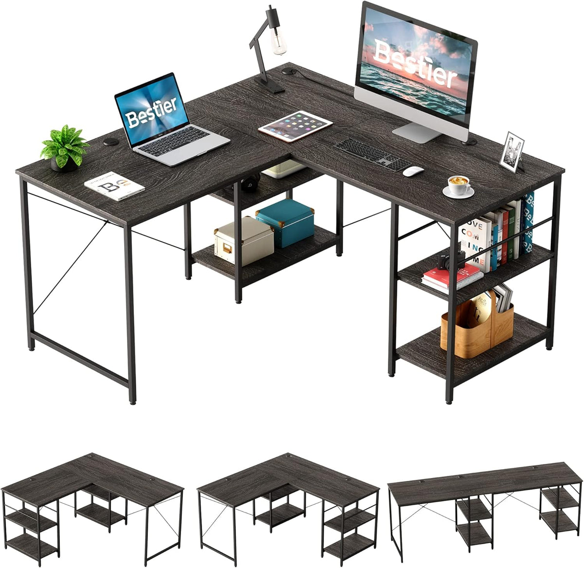 Grey Oak L Shaped Desk with Shelves 95.2 Inch Reversible Corner Computer Desk Z25486