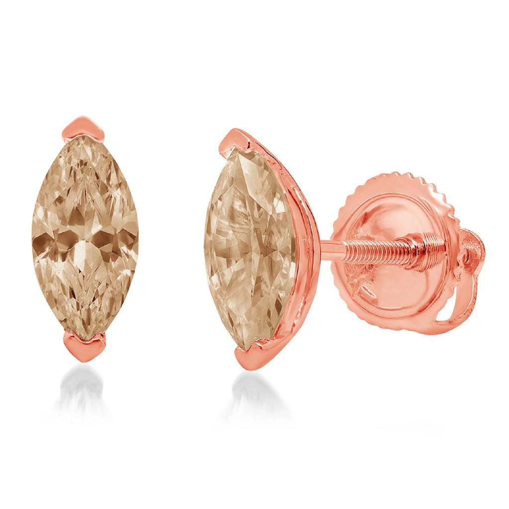 1.0 ct Marquise Cut Solitaire Studs VVS1 Brown Champagne Simulated Diamond Solid 18K Rose Gold Earrings I894505