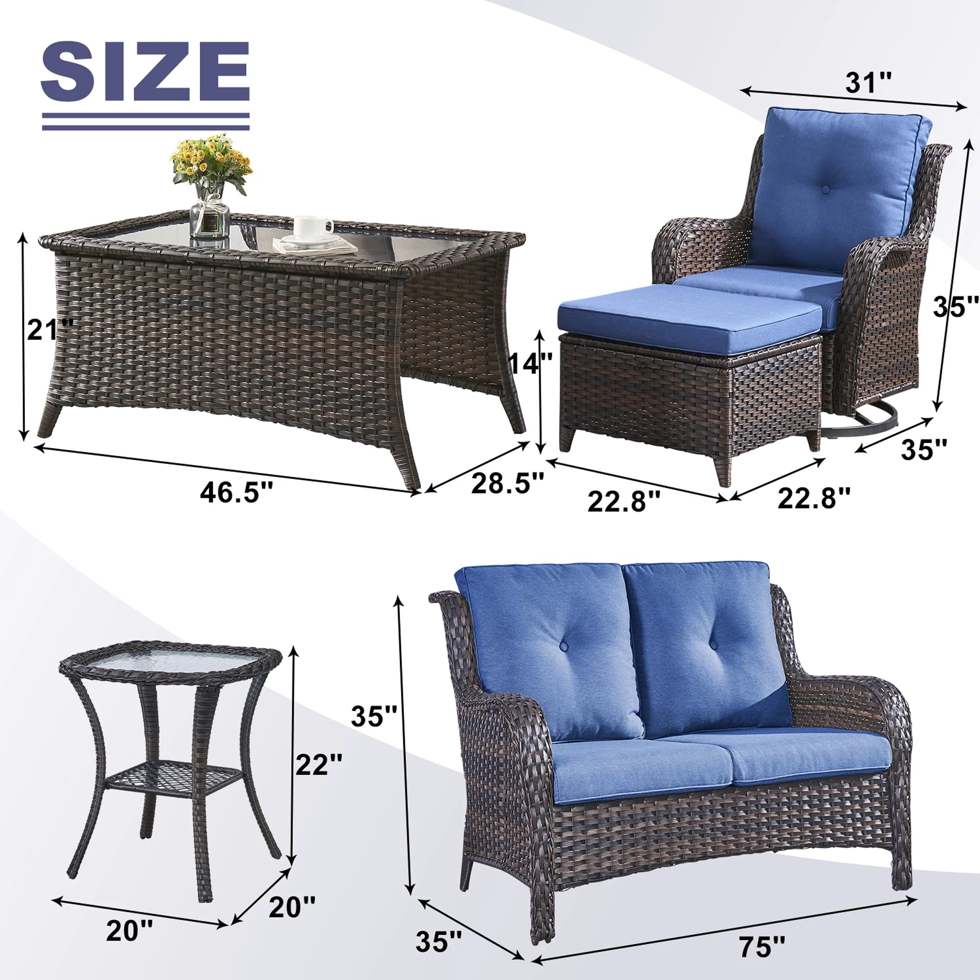 Blue 7Pcs Outdoor Rattan Patio Furniture Set with Cushion A33364