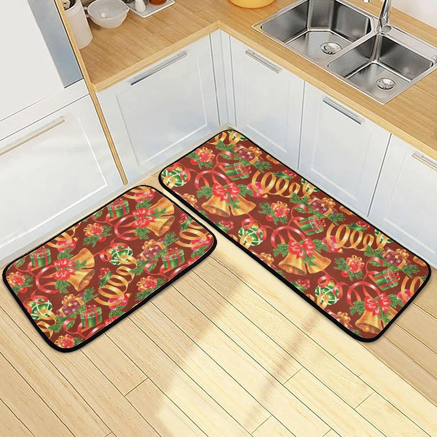 Christmas Jingling Bells Kitchen Mats Set of 2 Non Slip Comfort Mat O9011