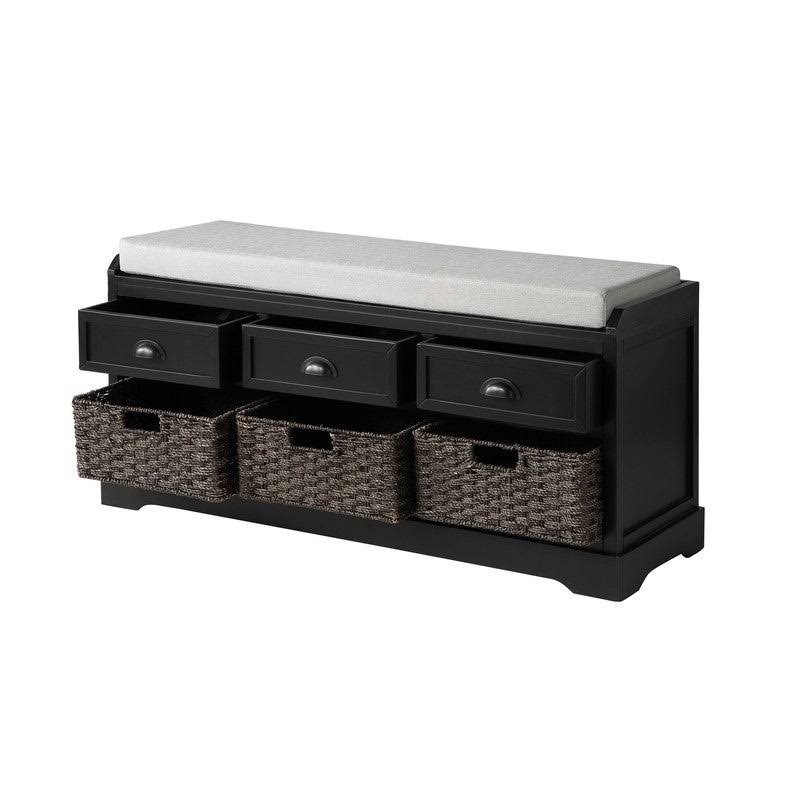 White Wood Storage Bench with 3 Drawers and 3 Baskets T590985