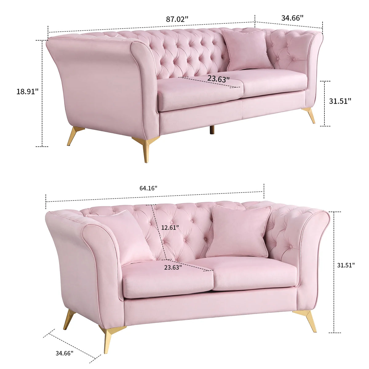 2-piece Velvet Upholstered Sofa with 4 Pillows and Metal Legs K772