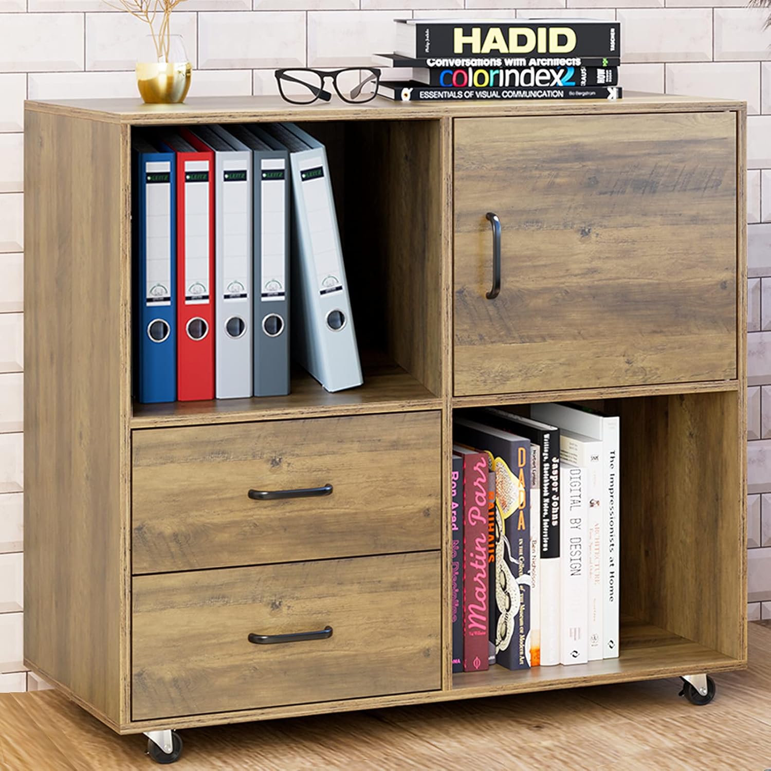 Rustic Brown 2 Drawer Wood Lateral Filing Cabinet with Door and Open Storage Shelves Z724736