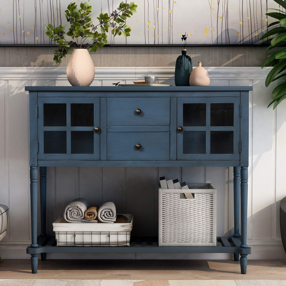 Antique Gray Console Table with Glass Doors and Drawers E6934
