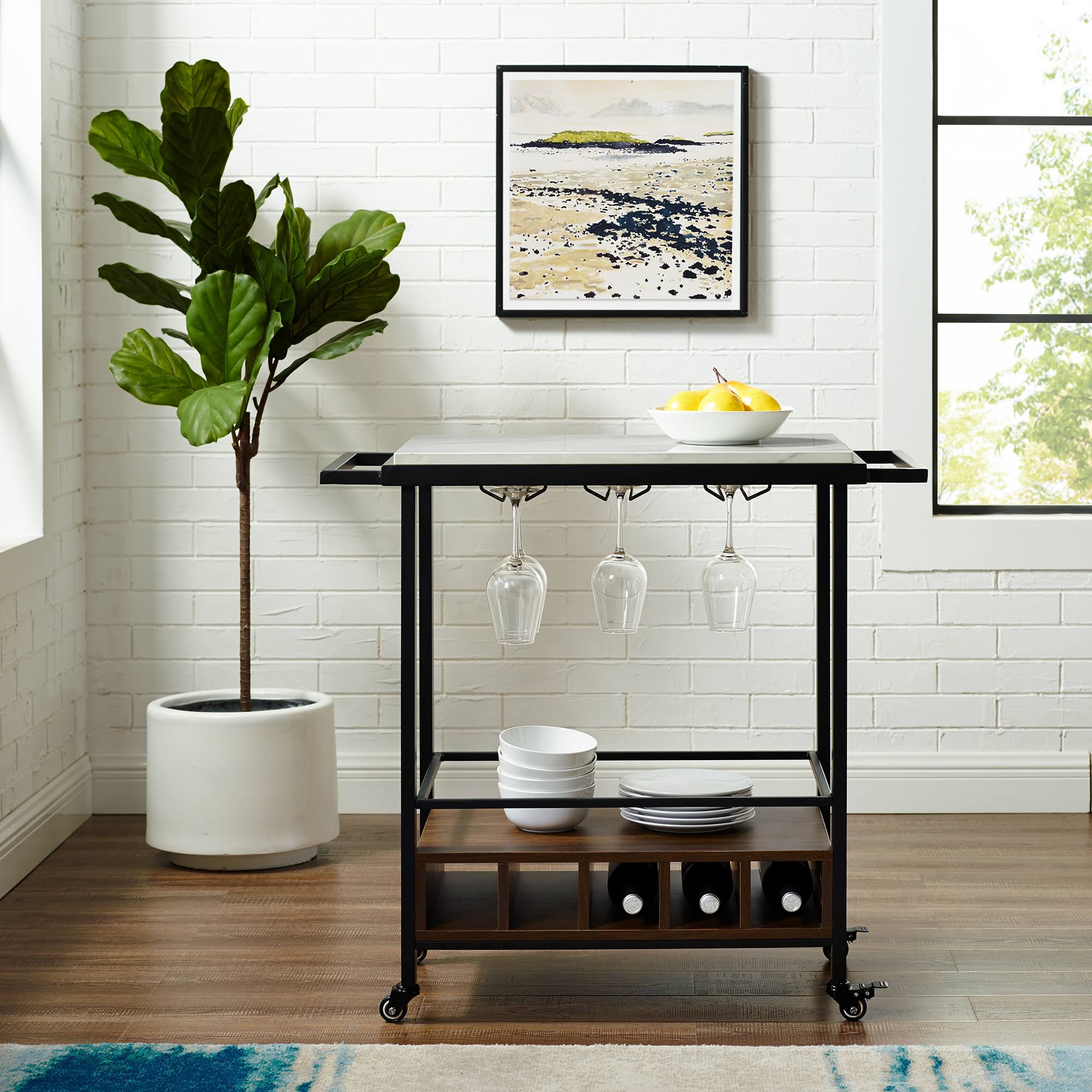 Faux White Marble Dark Walnut Serving Bar Cart Y84328