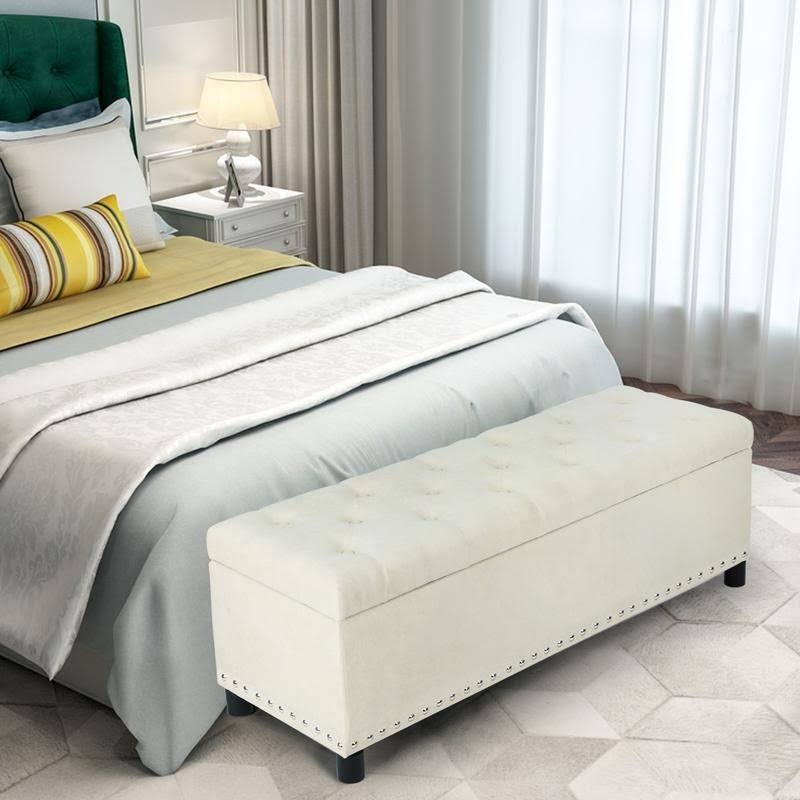 Beige Linen Storage Ottoman Bench with Nailhead Trim V126