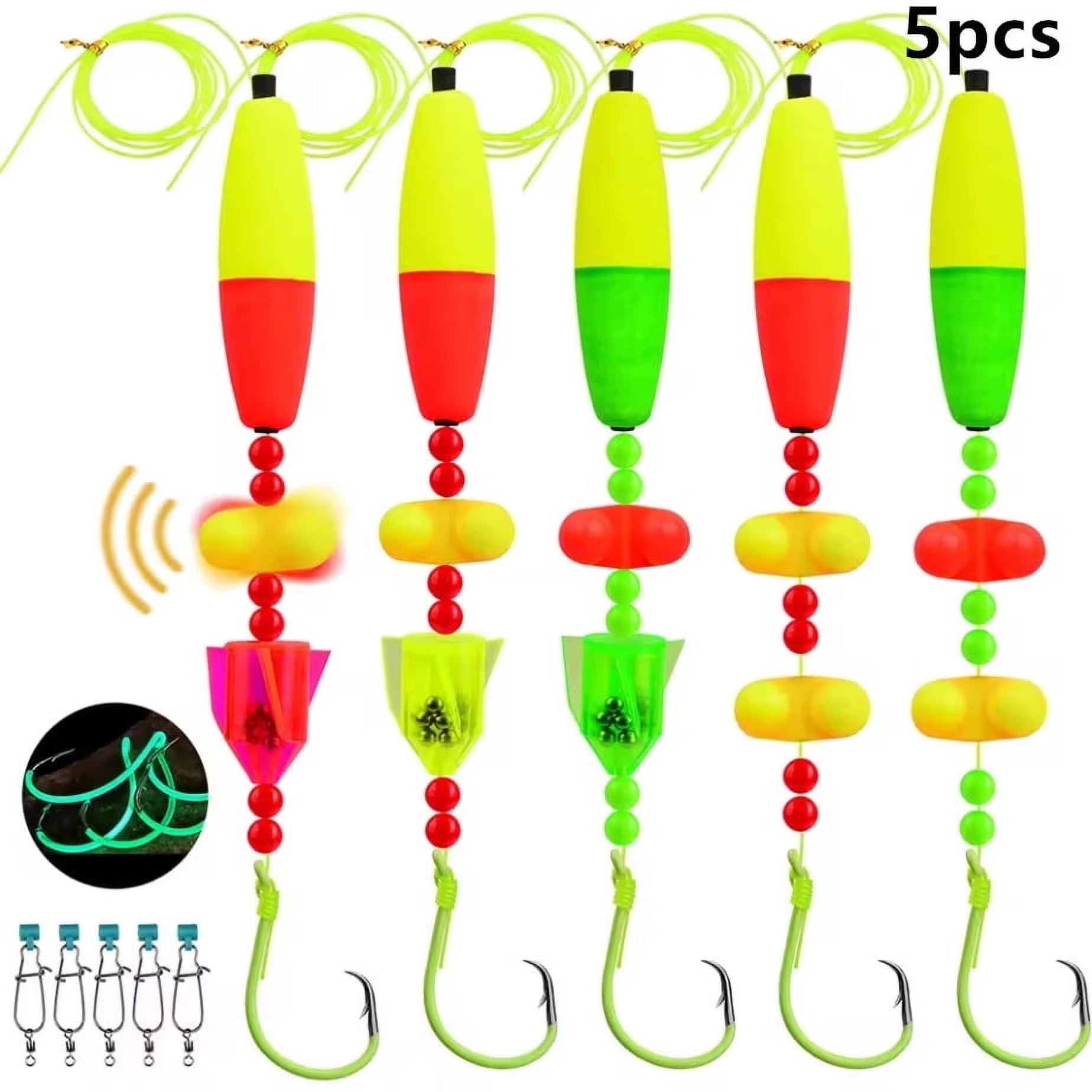 5pcs Catfish Rigs Fishing Tackle with Floats, Rattler Beads, Snap Hooks P866