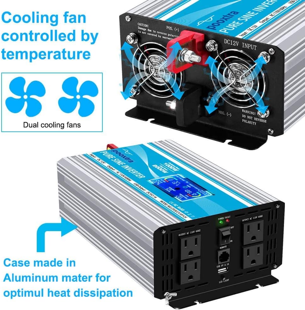 2000 Watt Pure Sine Wave Power Inverter 12V DC to 110V AC with LCD Display USB Port 4 AC Outlets J241