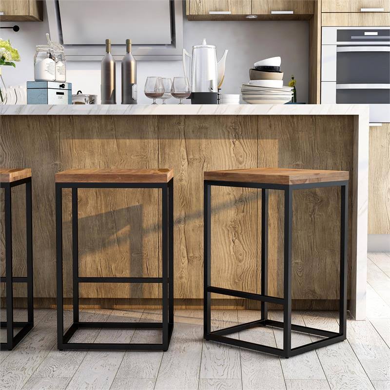 Rustic Metal Square Barstool in Natural Oak B621038