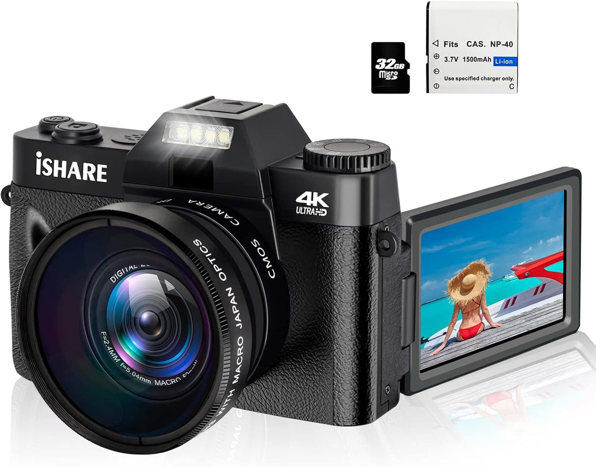 48MP 4K Digital Camera with 3.0 Inch 180° Flip Screen WiFi Camcorder with Wide-Angle Lens and 32GB Memory Card U55959