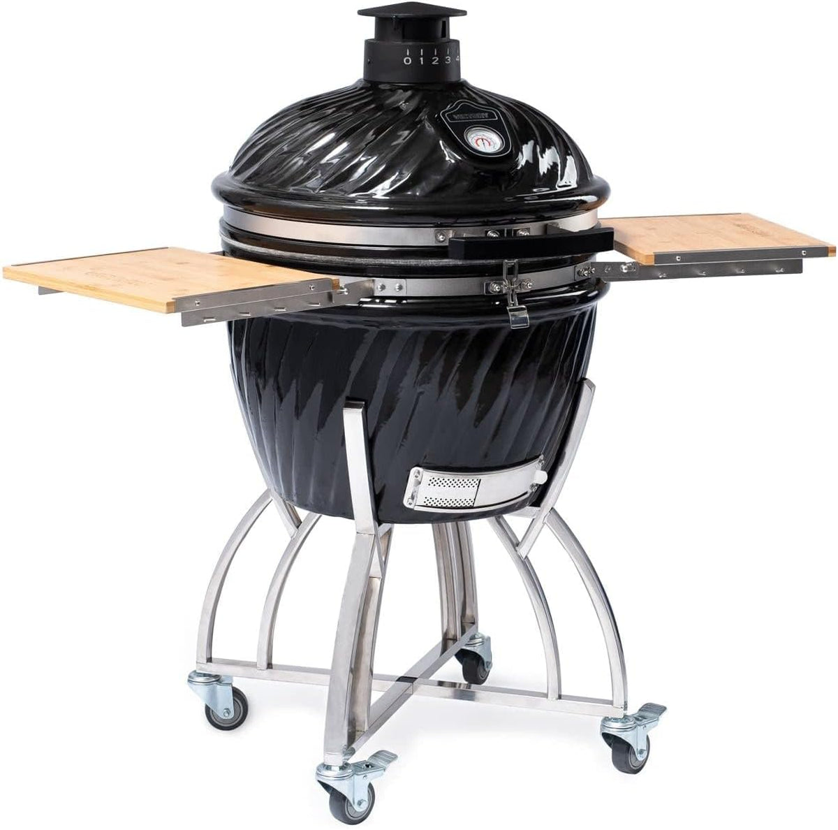 21-Inch Kamado Grill & Smoker with Stainless Steel Cart and Bamboo Side Shelves O667