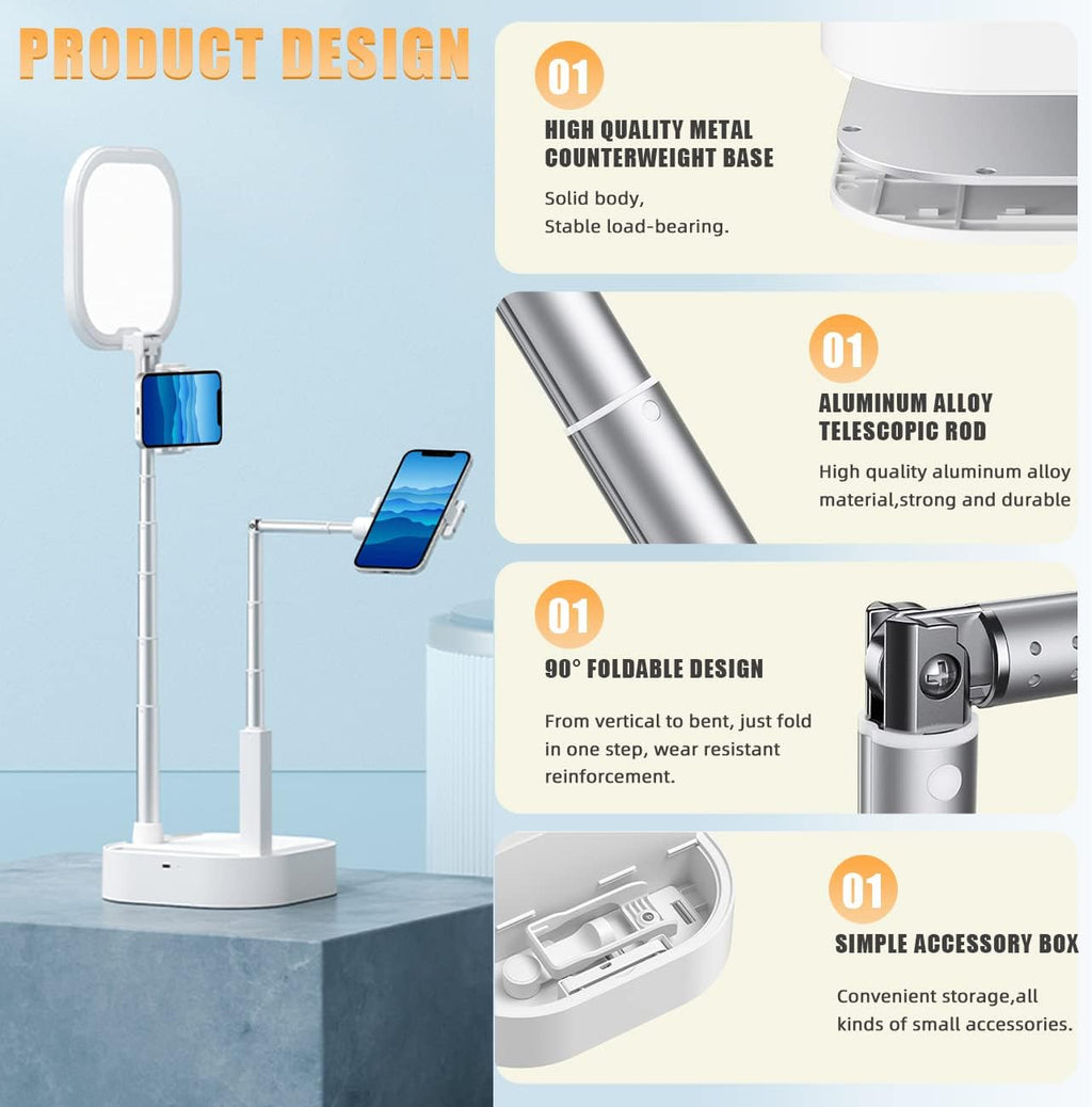 Extendable Selfie Light Stand, Adjustable Phone Selfie Stand, Overhead 360° Rotation Two Phone Holders, Rechargeable Wireless Phone Mount with LED Light, Pack of 2 S9952