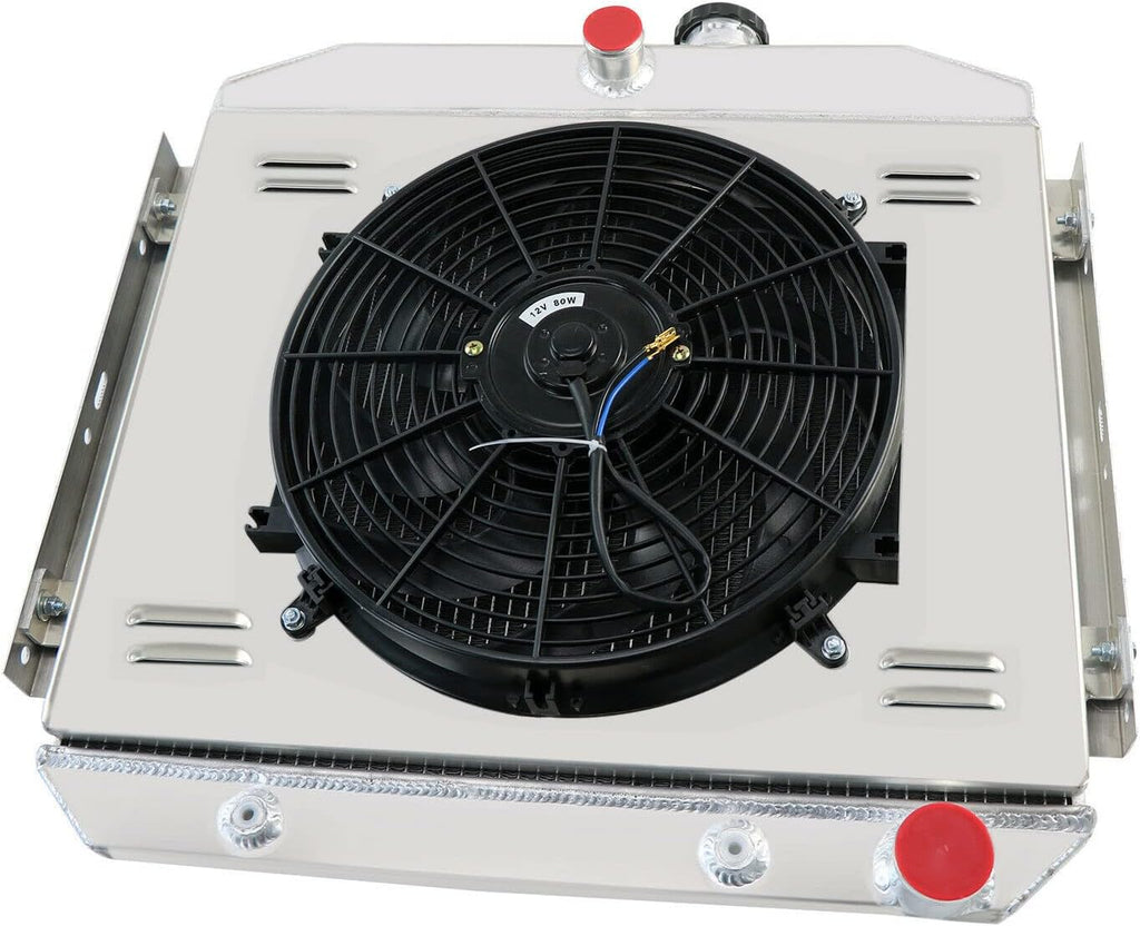 3 Row Core Aluminum Radiator Thermostat Shroud 14" Fans for 1955-1957 Chevy Belair R345