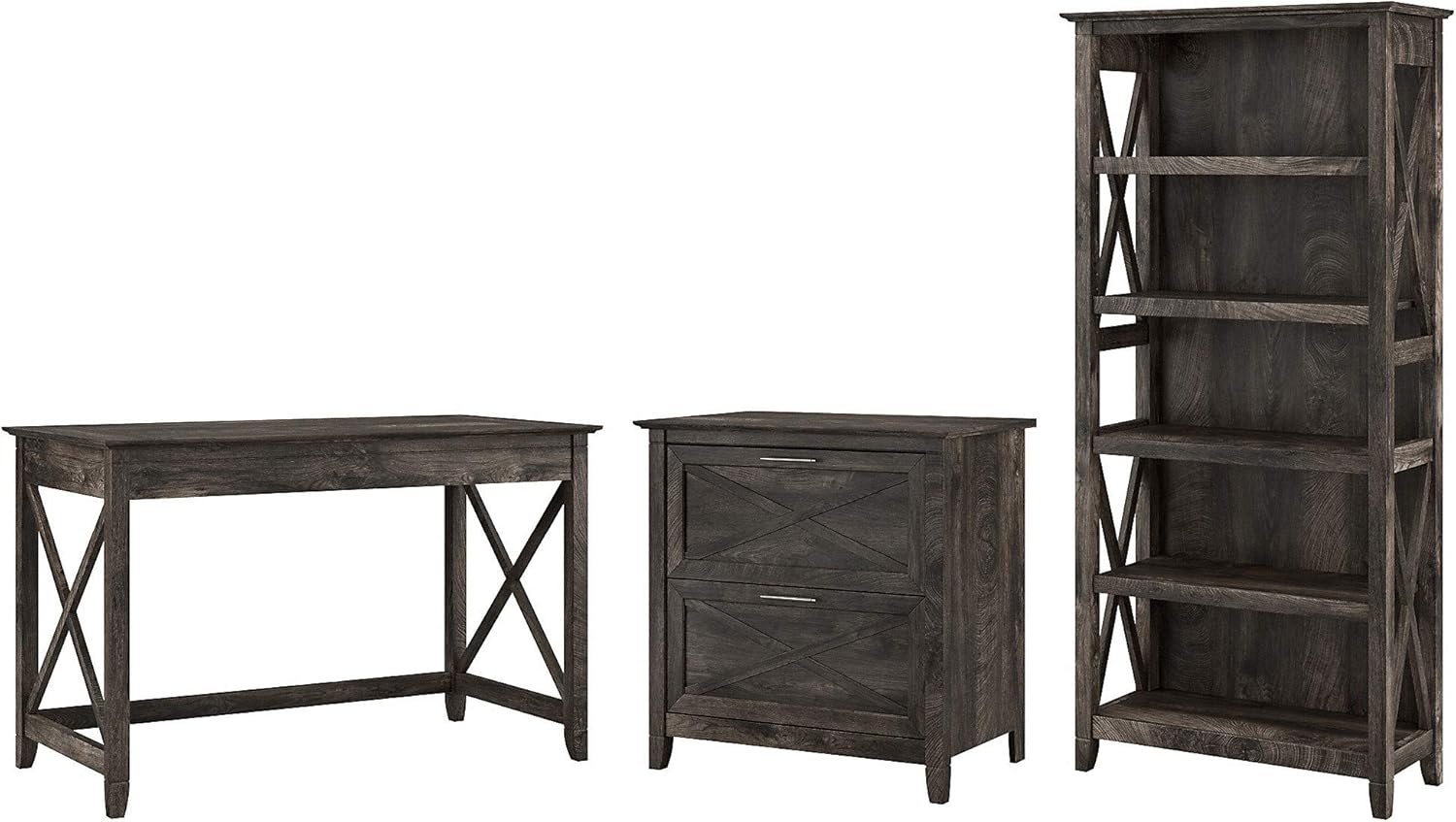 48W Reclaimed Pine Writing Desk with 2 Drawer Lateral File Cabinet and 5 Shelf Bookcase F62469