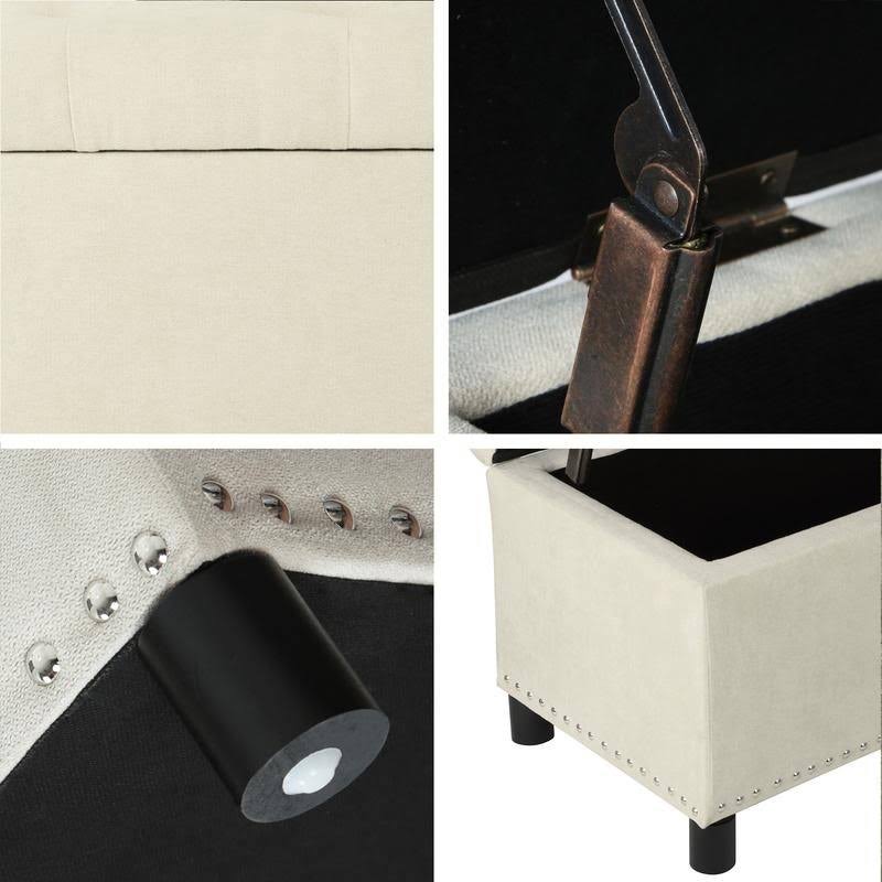 Beige Linen Storage Ottoman Bench with Nailhead Trim V126
