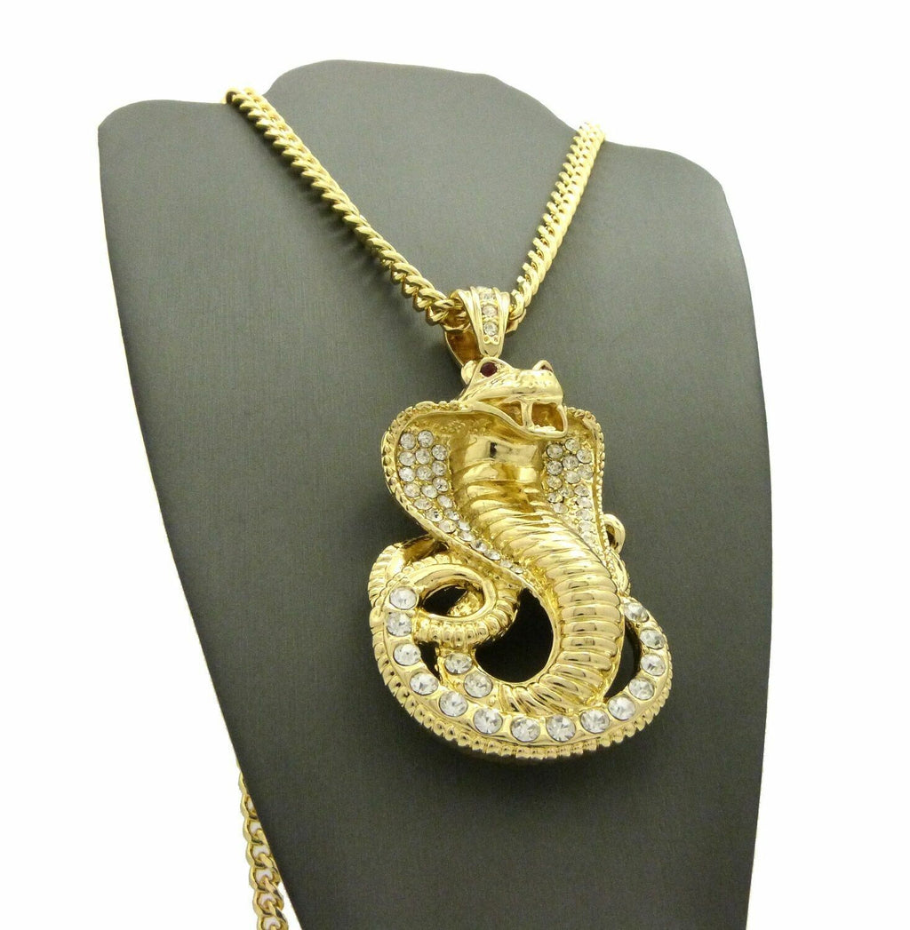 Gold Plated Cubic Zirconia Snake Pendant & 30" Cuban Chain Necklace U569991