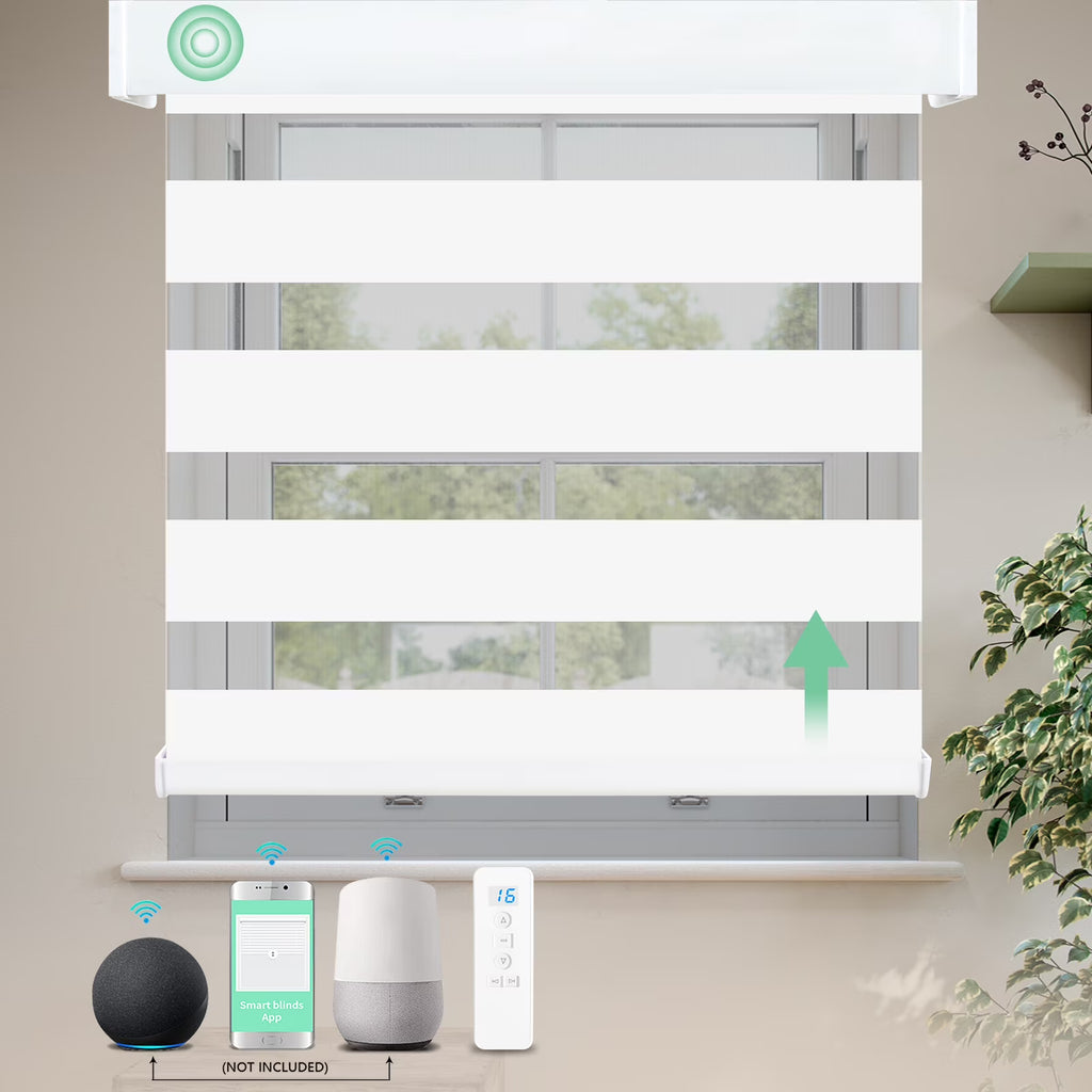 Motorized Zebra Blinds with Remote, Rechargeable, Luxury White, 23"W x 72"H B1836