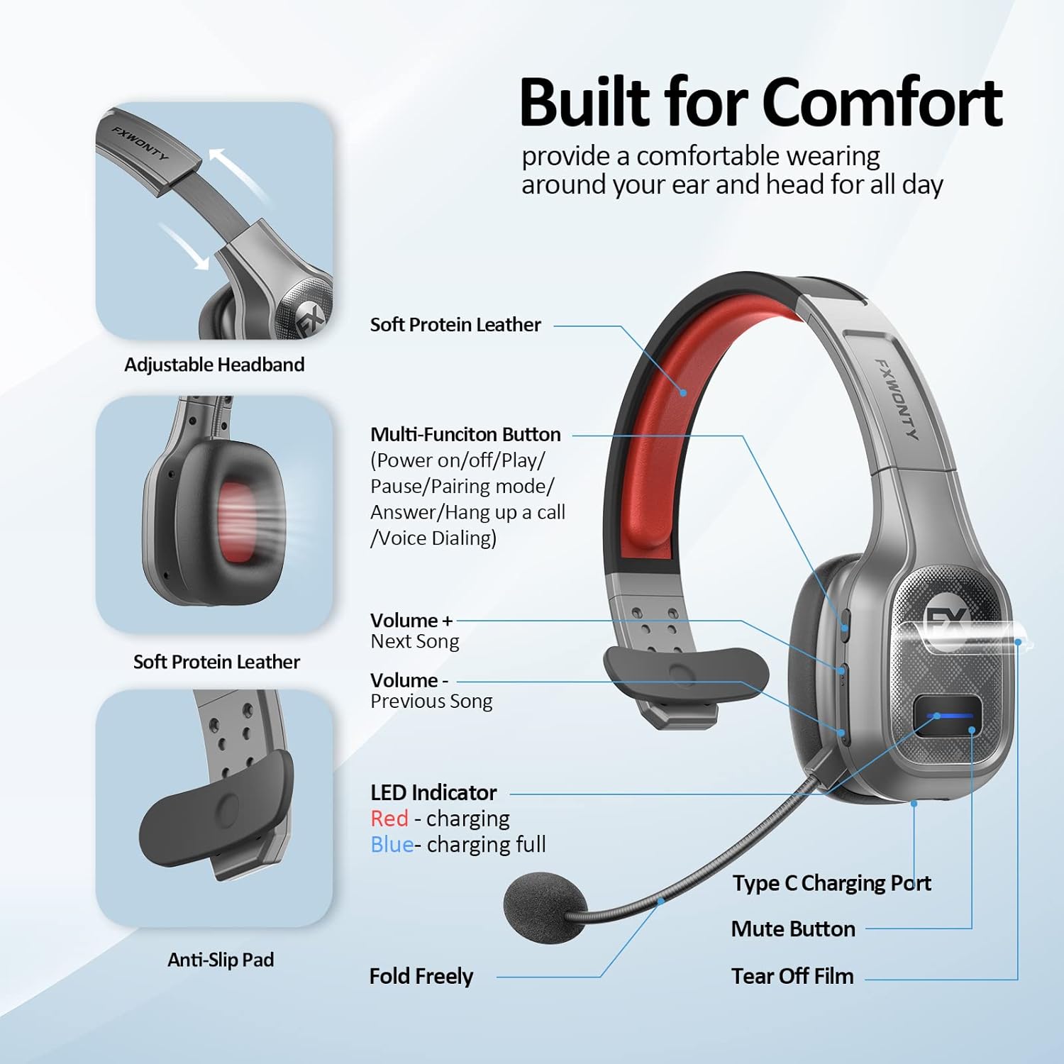 Bluetooth Headset with Microphone Noise Canceling, On-Ear Bluetooth 5.0 Multipoint Headphones, Pack of 2 G79669