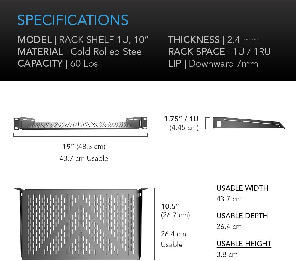 Vented Cantilever 1U Universal Rack Shelf, 10 Deep, Heavy-Duty 2.4mm Cold Rolled Steel, 60lbs Capacity Pack of 2 D90176